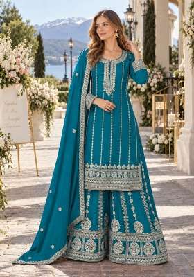 Blue Embroidered Silk Blend Kurta Set