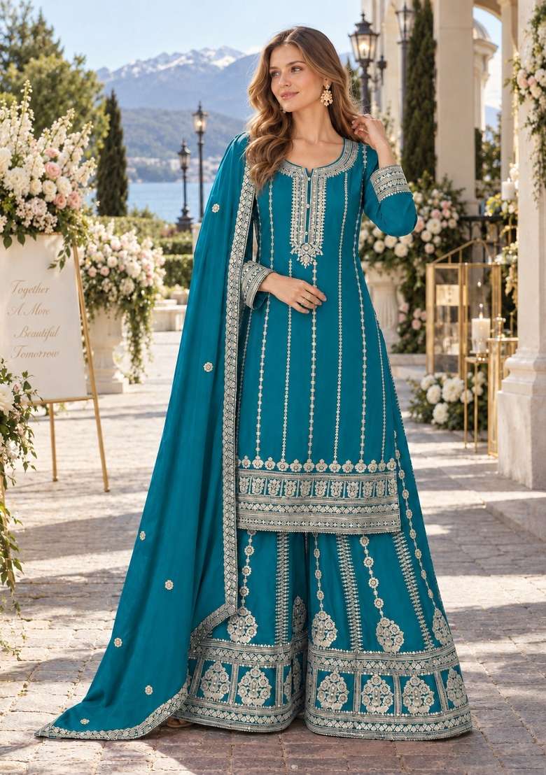 Blue Embroidered Silk Blend Kurta Set - Indya