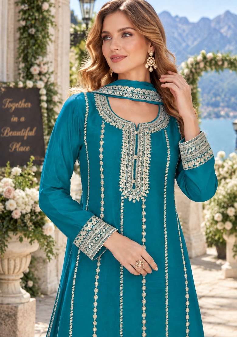 Blue Embroidered Silk Blend Kurta Set - Indya