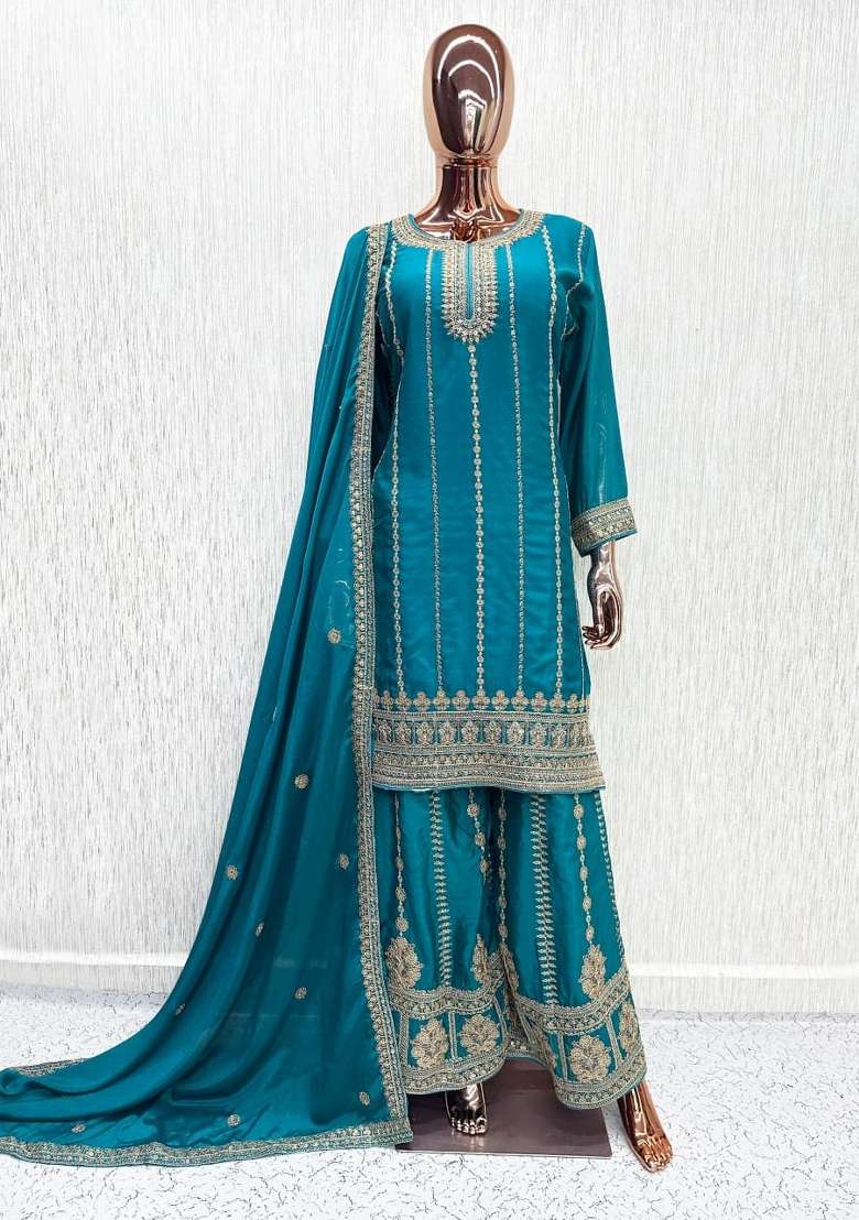 Blue Embroidered Silk Blend Kurta Set - Indya