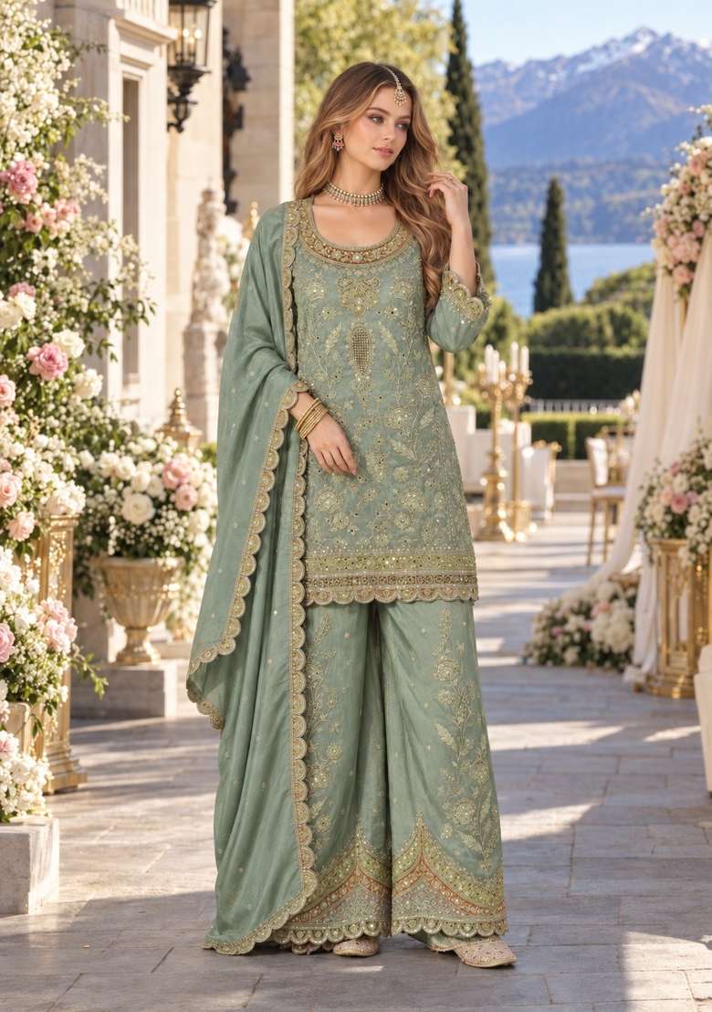 Blue Embroidered Silk Blend Kurta Set - Indya