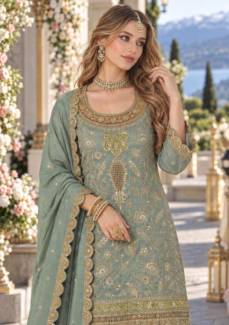 Blue Embroidered Silk Blend Kurta Set - Indya