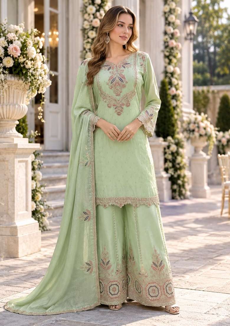 Light Green Embroidered Silk Blend Kurta Set - Indya