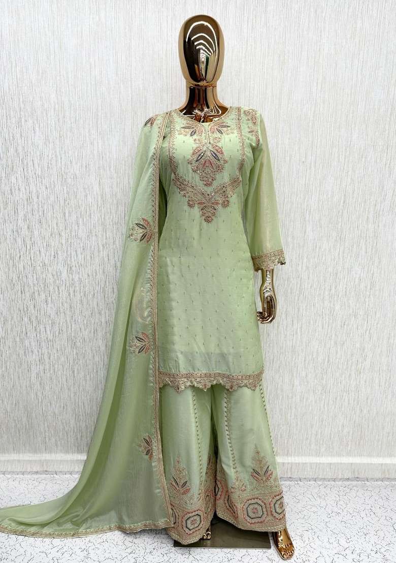 Light Green Embroidered Silk Blend Kurta Set - Indya