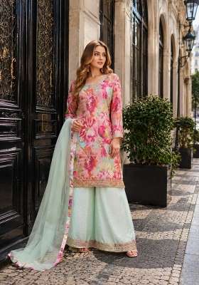 Sky Blue Embroidered Silk Blend Kurta Set