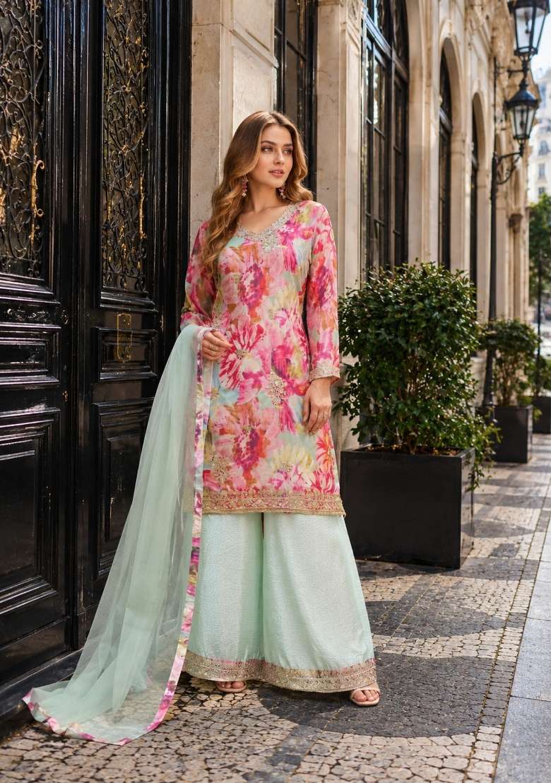 Sky Blue Embroidered Silk Blend Kurta Set - Indya