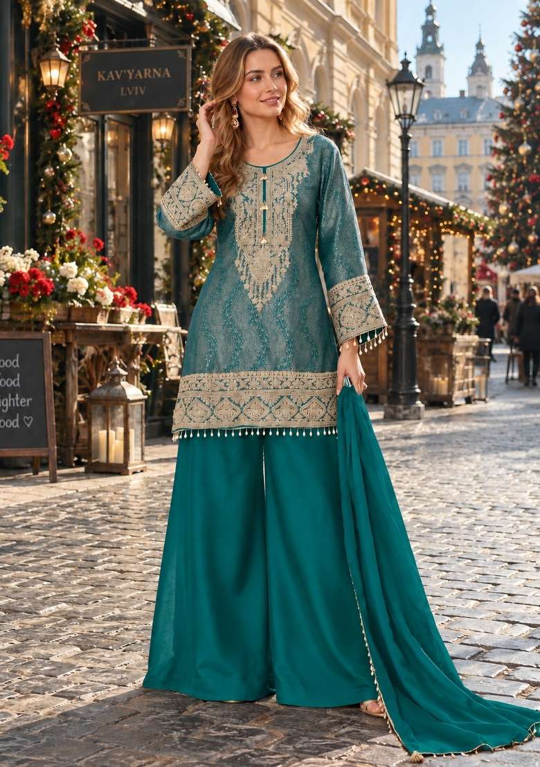 Blue Embroidered Silk Blend Kurta Set - Indya