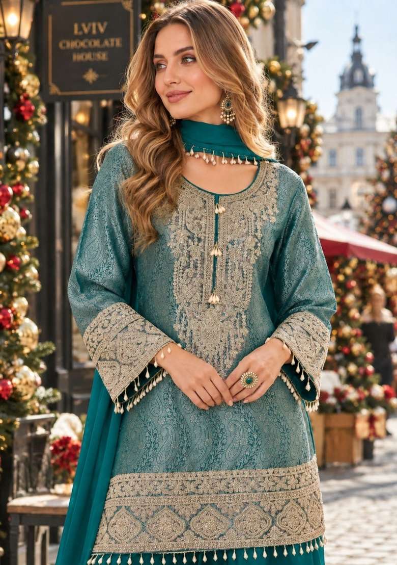 Blue Embroidered Silk Blend Kurta Set - Indya