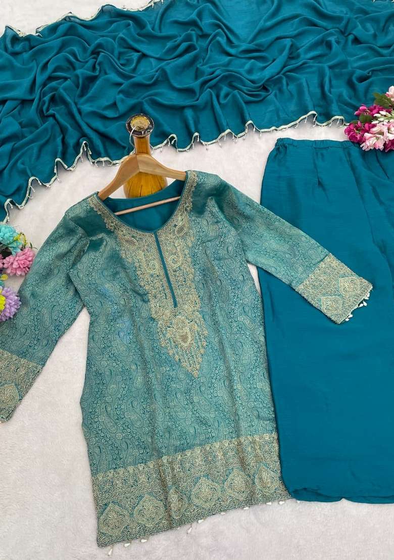 Blue Embroidered Silk Blend Kurta Set - Indya