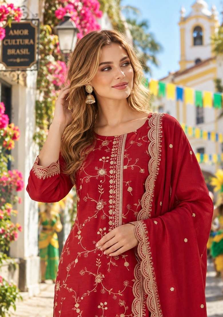 Red Embroidered Silk Blend Kurta Set - Indya