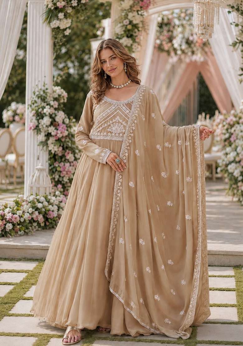 Beige Hand Work Georgette Anarkali Set - Indya