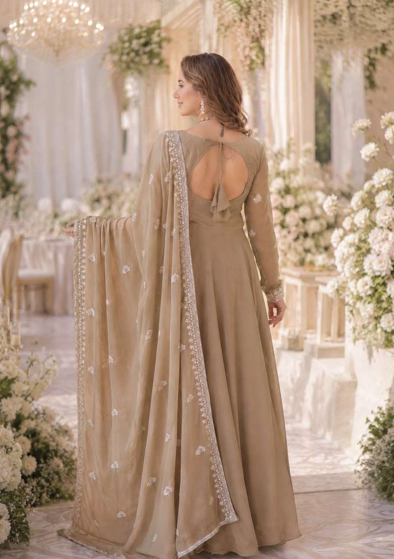 Beige Hand Work Georgette Anarkali Set - Indya