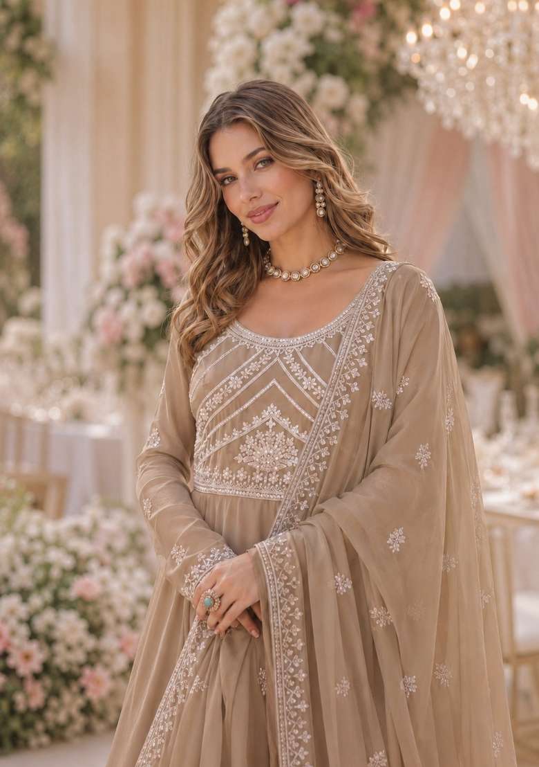 Beige Hand Work Georgette Anarkali Set - Indya