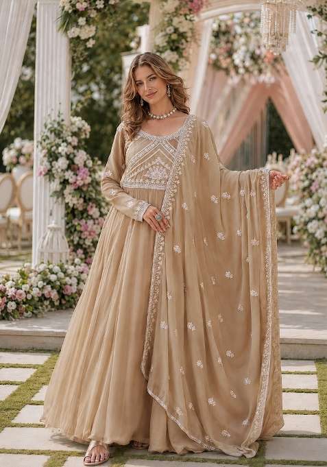 Beige Hand Work Georgette Anarkali Set