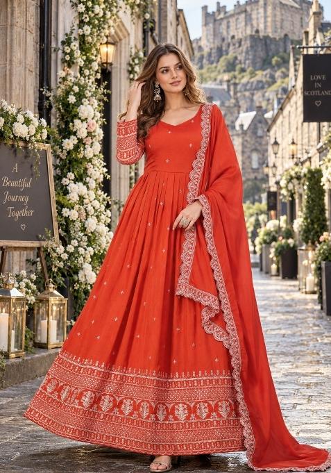 Orange Embroidered Silk Blend Anarkali Set