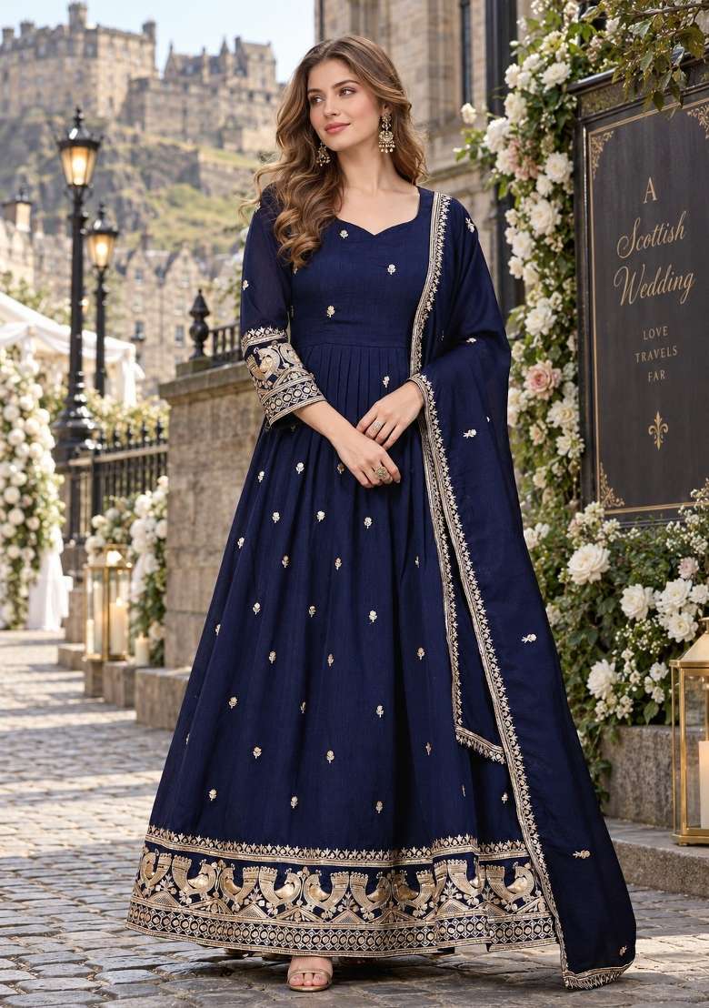 Black Embroidered Silk Blend Anarkali Set - Indya
