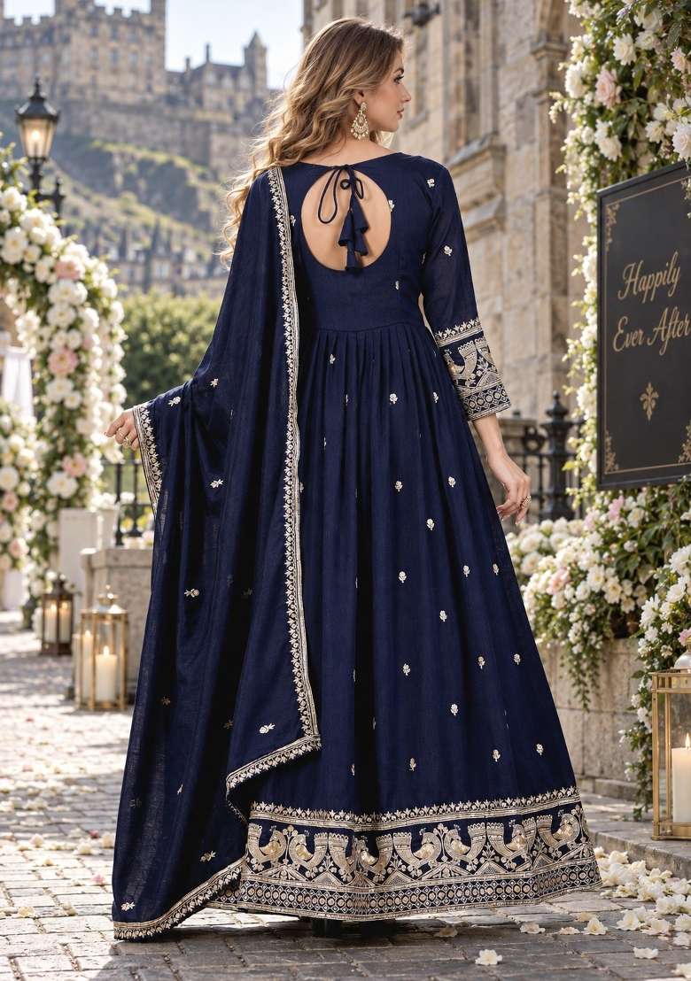 Black Embroidered Silk Blend Anarkali Set - Indya