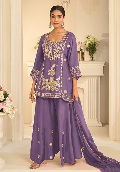 Lavender Mirror Work Silk Blend Kurta Set