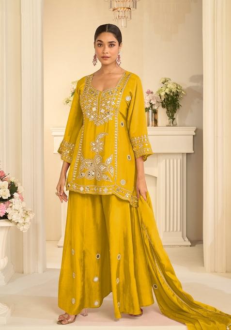 Yellow Mirror Work Silk Blend Kurta Set