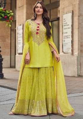 Parrot Green Embroidered Silk Blend Kurta Set