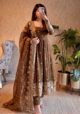 Brown Embroidered Silk Blend Kurta Set