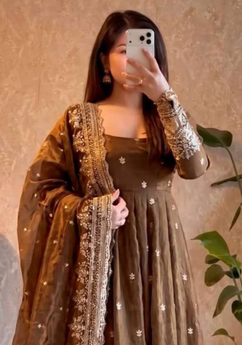 Brown Embroidered Silk Blend Kurta Set - Indya