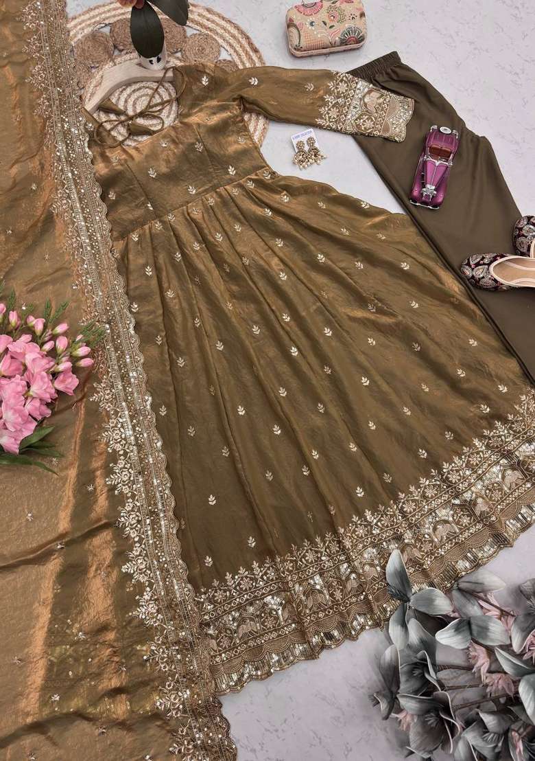 Brown Embroidered Silk Blend Kurta Set - Indya