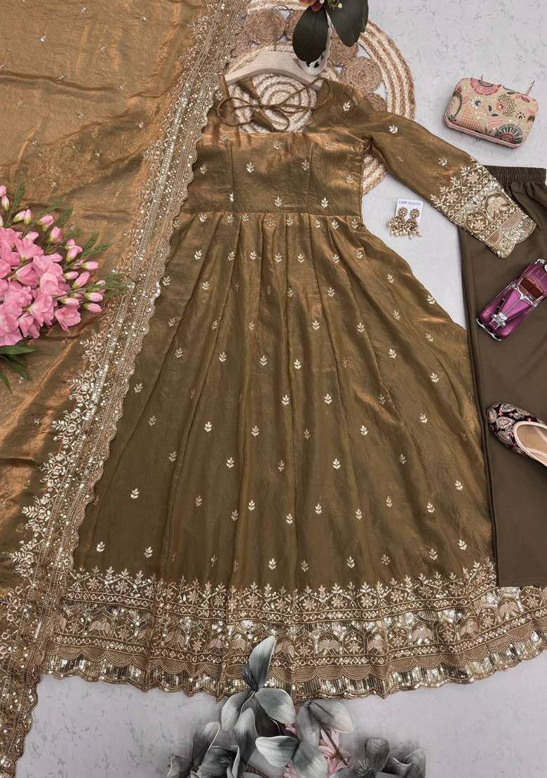 Brown Embroidered Silk Blend Kurta Set - Indya