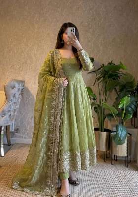 Parrot Green Embroidered Silk Blend Kurta Set