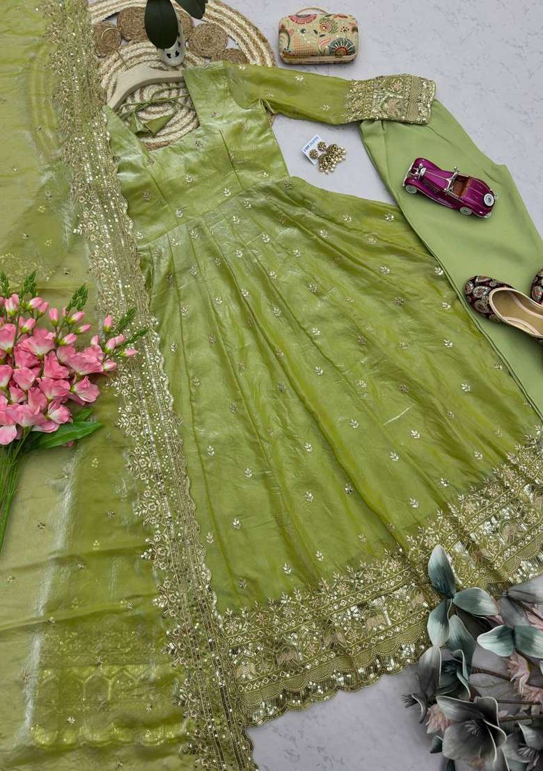 Parrot Green Embroidered Silk Blend Kurta Set - Indya