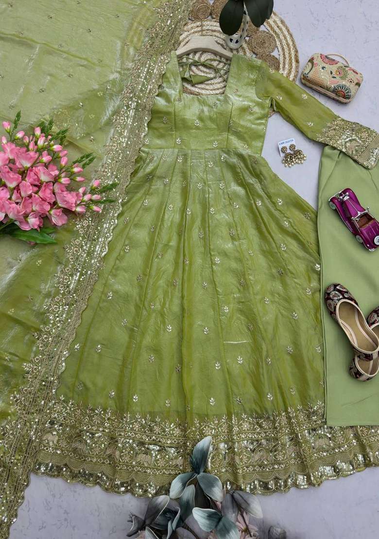 Parrot Green Embroidered Silk Blend Kurta Set - Indya
