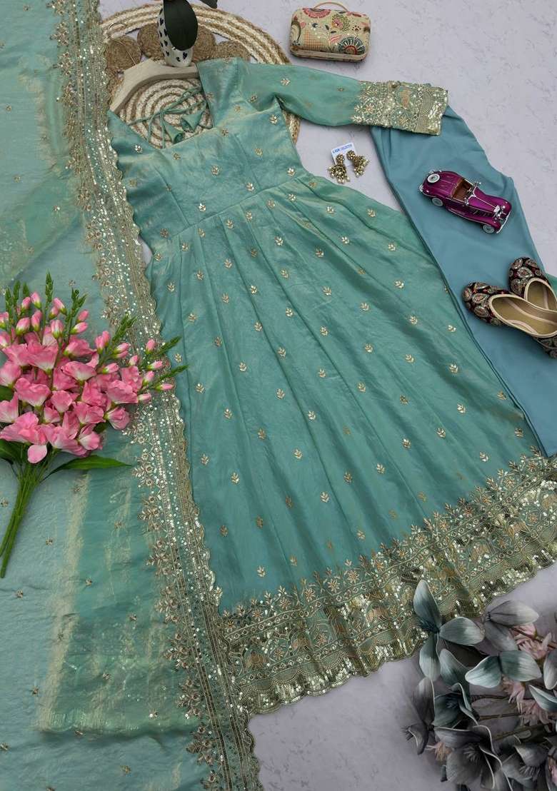 Sea Green Embroidered Silk Blend Kurta Set - Indya