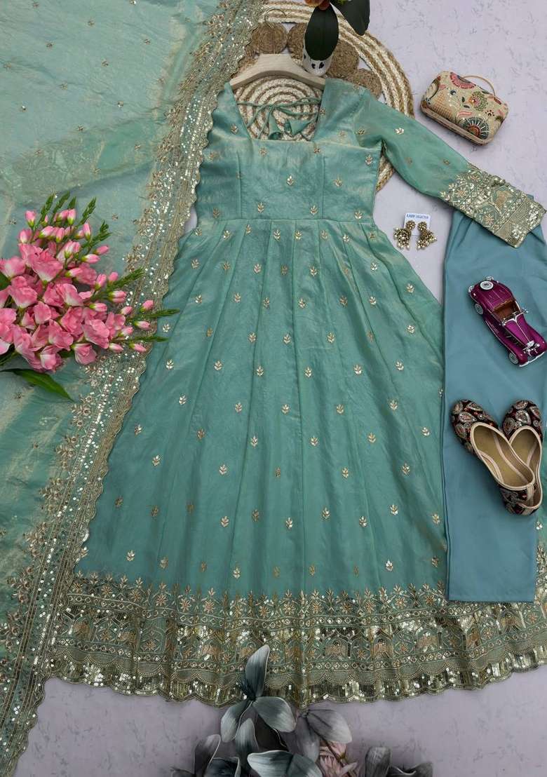 Sea Green Embroidered Silk Blend Kurta Set - Indya