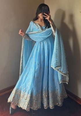 Sky Blue Embroidered Silk Blend Kurta Set