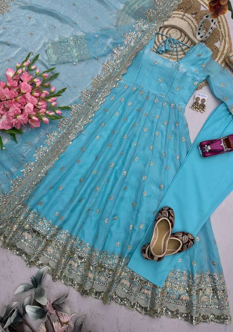 Sky Blue Embroidered Silk Blend Kurta Set - Indya