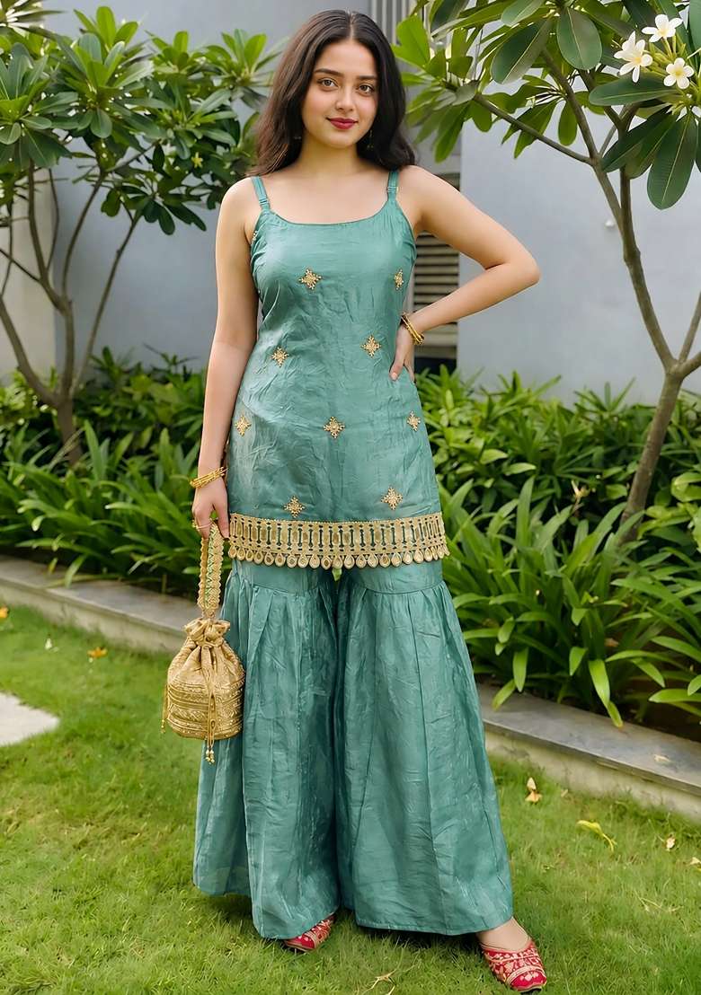 Blue Embroidered Silk Blend Kurta Set - Indya