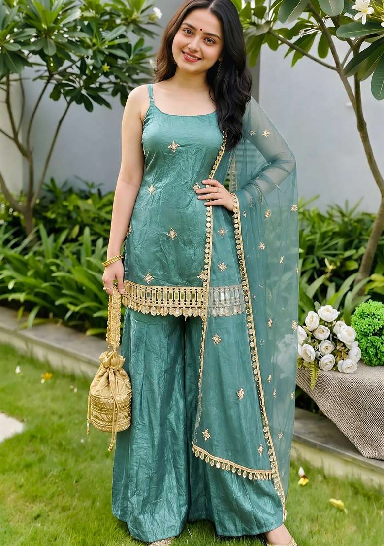 Blue Embroidered Silk Blend Kurta Set - Indya