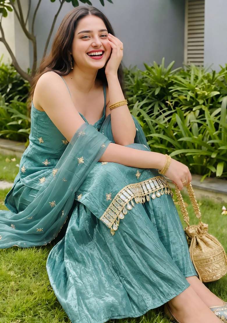 Blue Embroidered Silk Blend Kurta Set - Indya