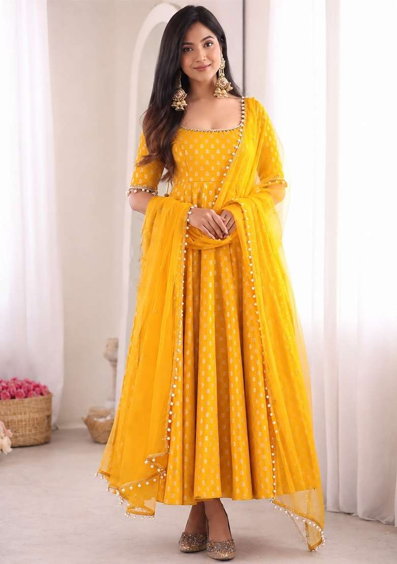 Yellow Embroidered Chanderi Kurta Set - Indya