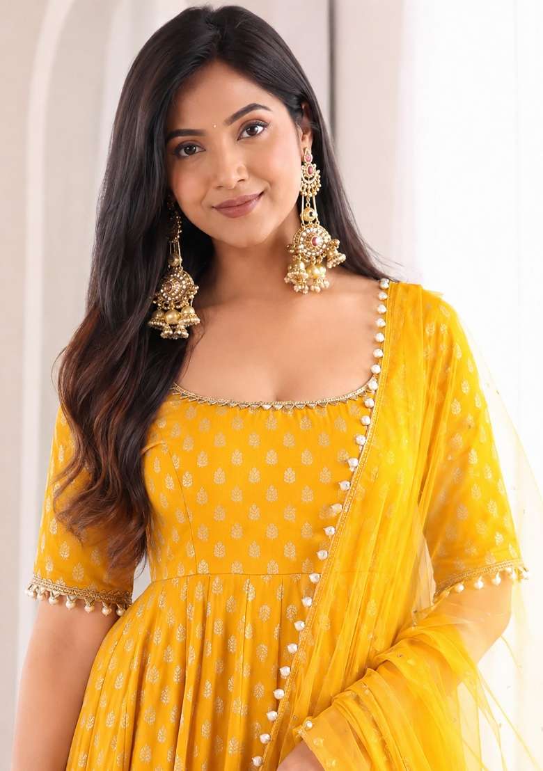 Yellow Embroidered Chanderi Kurta Set - Indya