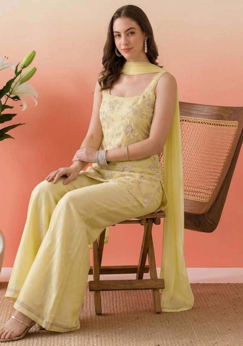 Yellow Embroidered Georgette Kurta Set - Indya
