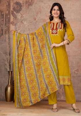 Mustard Printed Blended Kurta Set