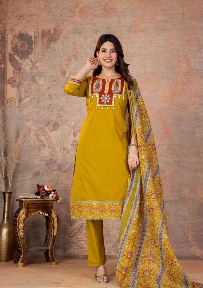 Mustard Printed Blended Kurta Set - Indya