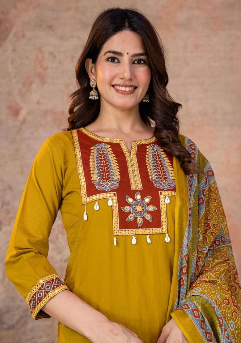 Mustard Printed Blended Kurta Set - Indya