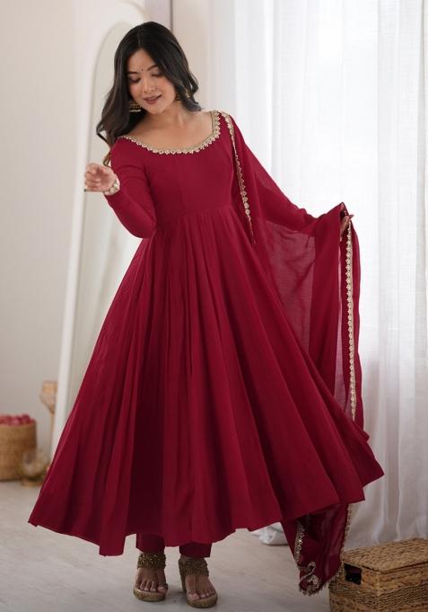 Maroon Mirror Work Silk Blend Kurta Set