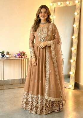 Beige Embroidered Georgette Kurta Set