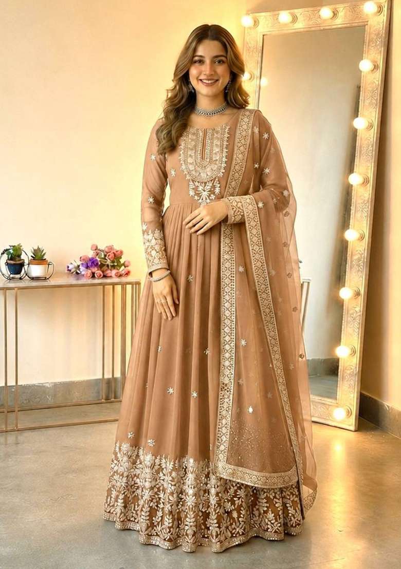 Beige Embroidered Georgette Kurta Set - Indya