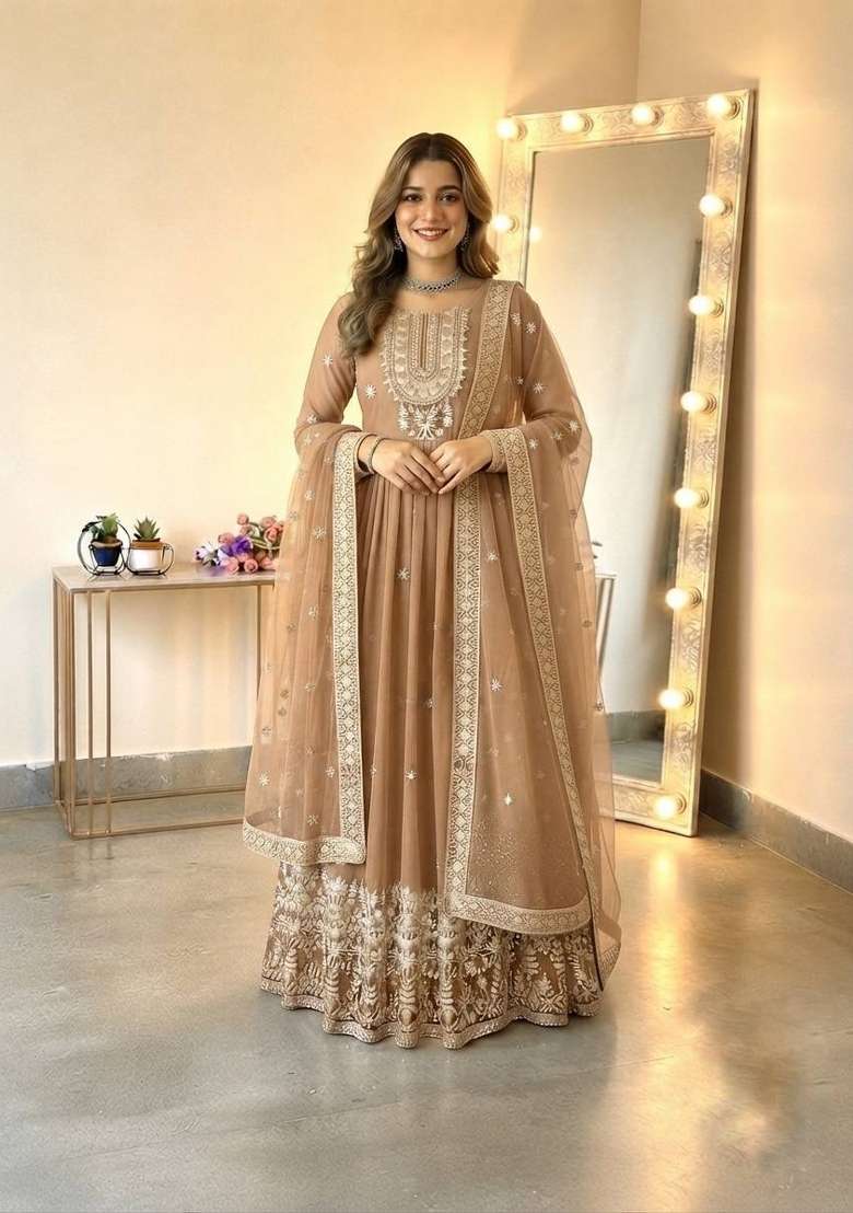 Beige Embroidered Georgette Kurta Set - Indya