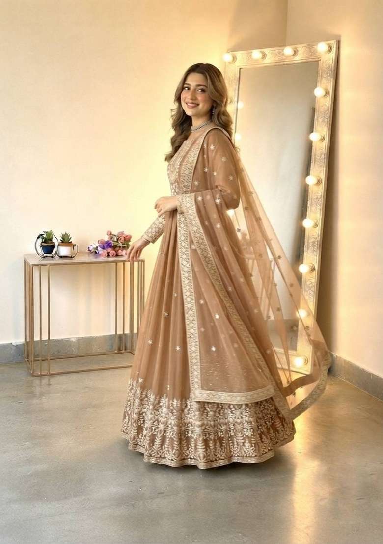 Beige Embroidered Georgette Kurta Set - Indya