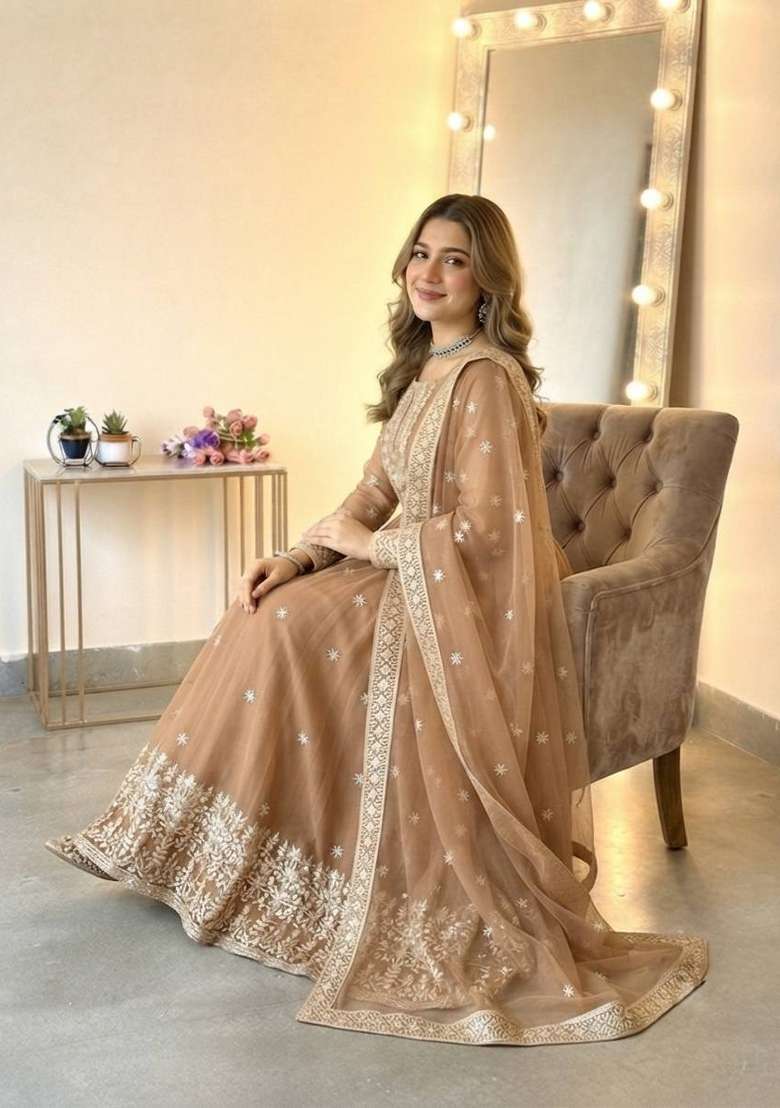 Beige Embroidered Georgette Kurta Set - Indya